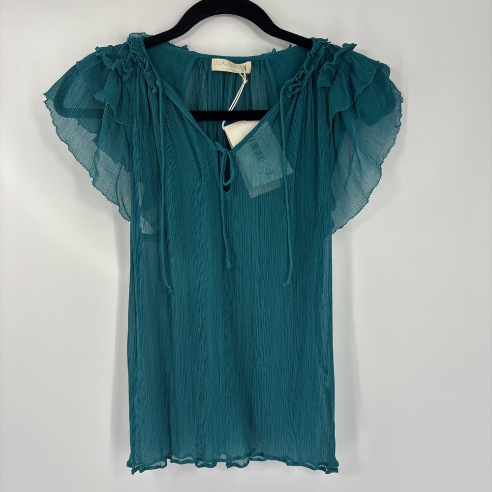 Ulla Johnson Teal Ruffled Flutter-Sleeve Blouse